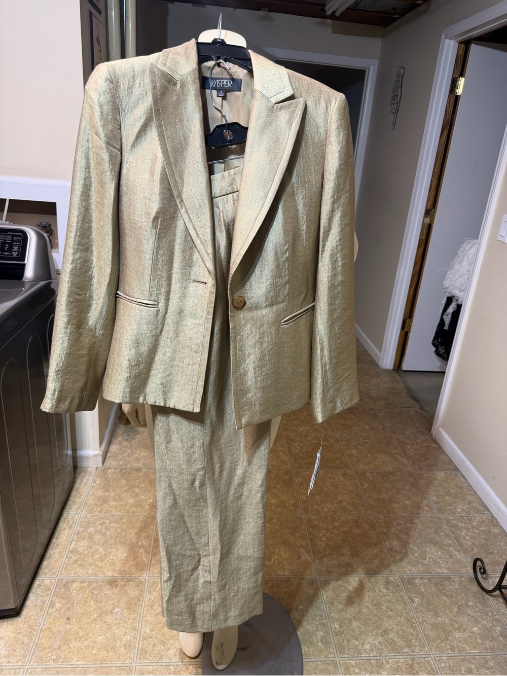 Kasper Womens Metallic Beige Pantsuit - Single-Button Blazer & Straight Pants